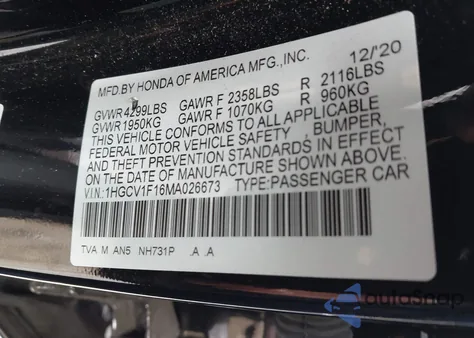 2021 Honda Accord Lx z USA, uszkodzony, nr VIN 1HGCV1F16MA026673